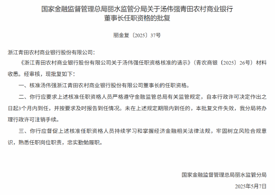 汤伟强获批出任浙江青田农商行董事长