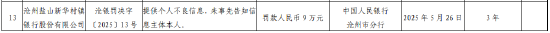 沧州盐山新华村镇银行被罚9万元：提供个人不良信息，未事先告知信息主体本人