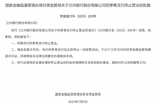 兰州银行庄浪路支行与四季青支行获批终止营业